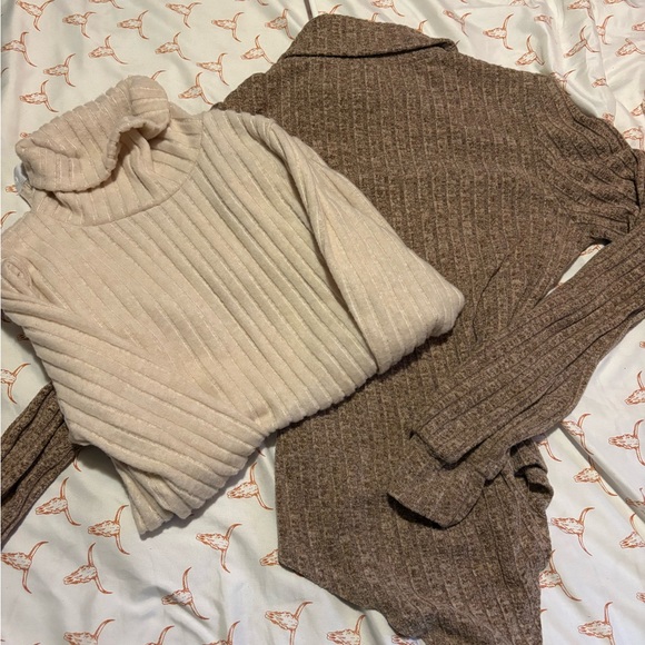 SHEIN Sweaters - SHEIN Ribbed Turtleneck Sweater - Cream and Brown